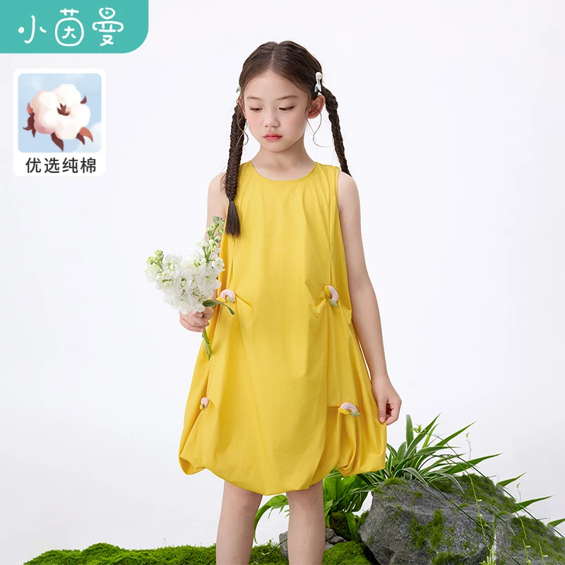【女童裙子凉感】小茵曼女童连衣裙花苞下摆25夏无袖纯棉透气裙子