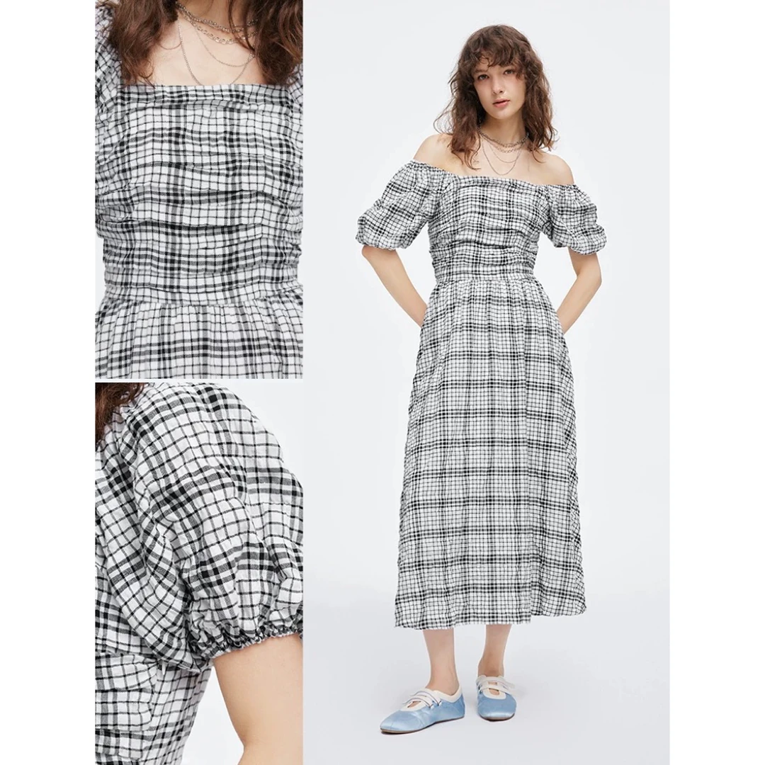 25夏季法式田园风格纹泡泡袖连衣裙