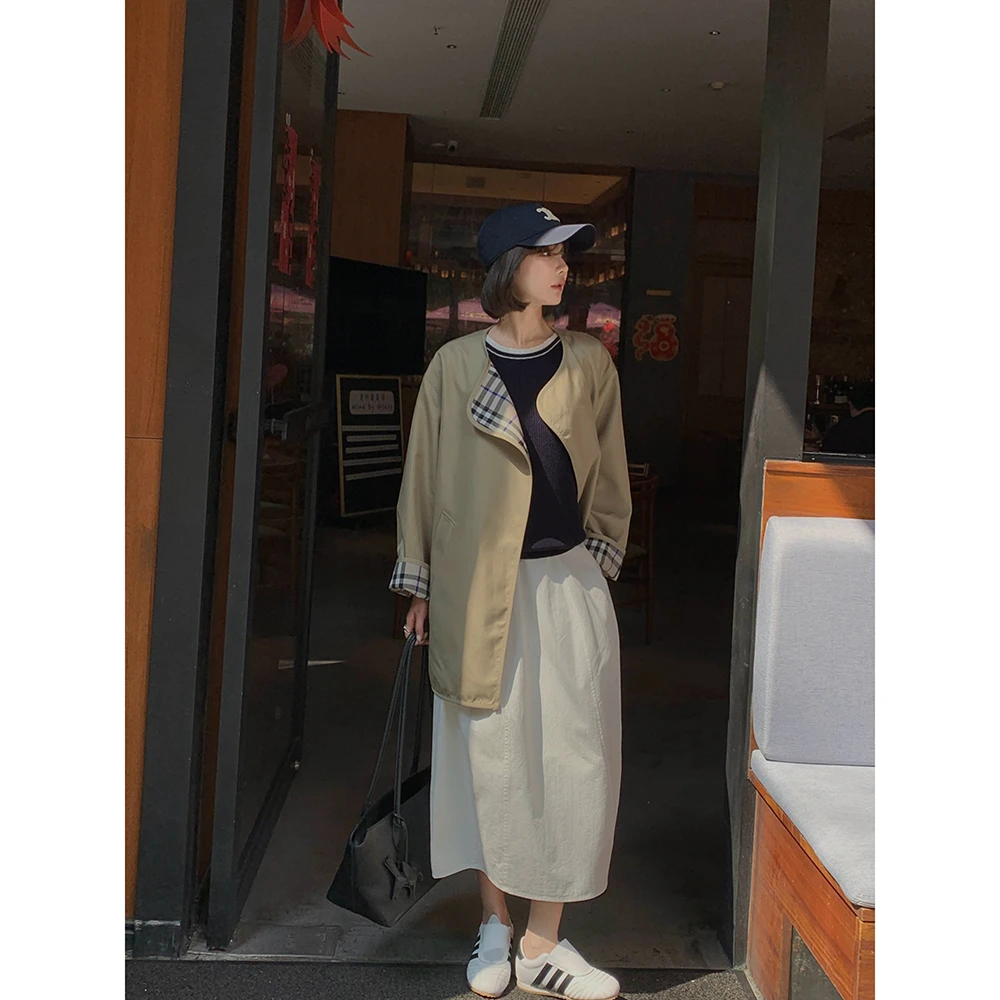 【北欧之旅】“进口棉”静奢气质百搭拼色格子双面可穿风衣外套X19317