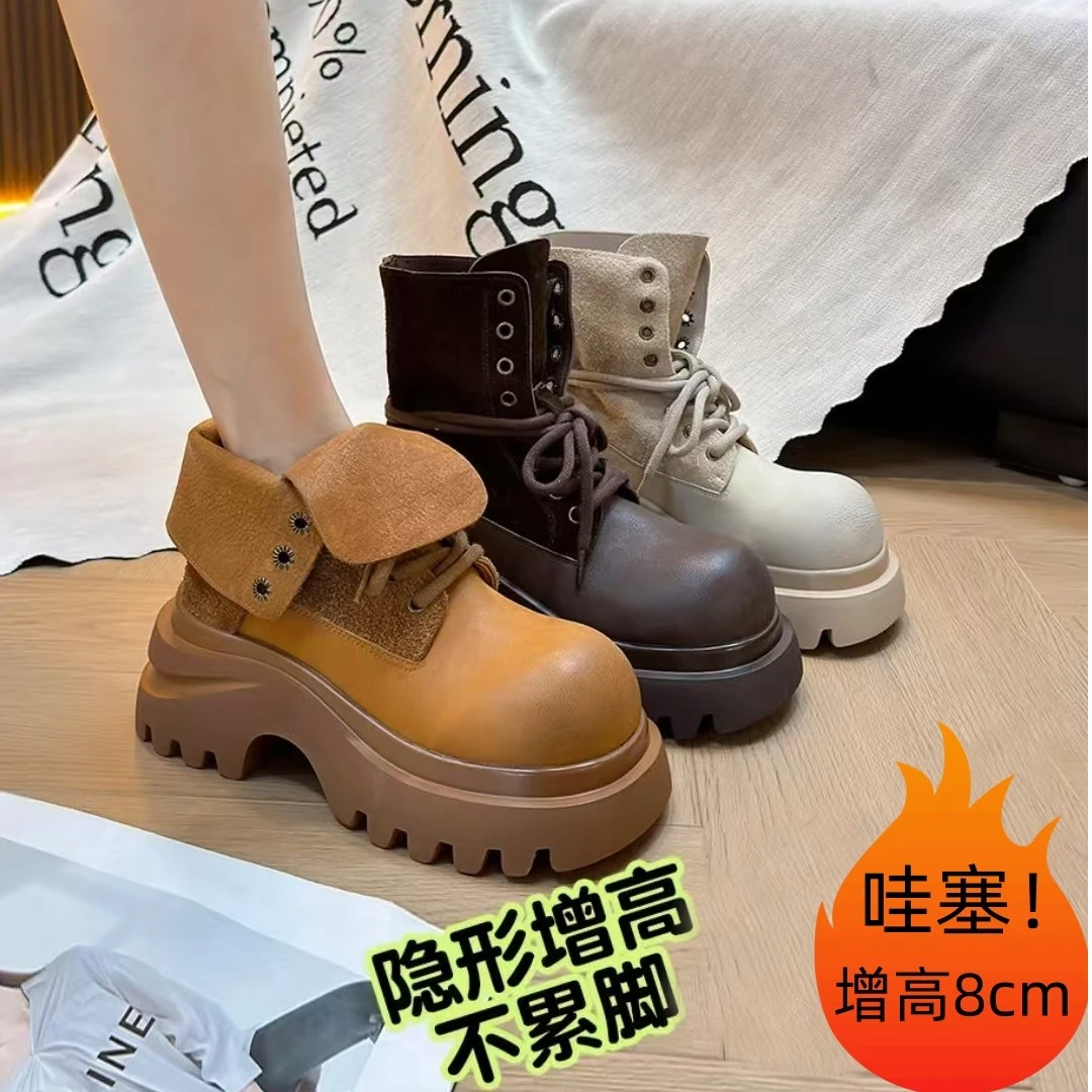 马丁靴女时尚系带翻领两穿机车靴短靴工装靴小个子厚底大黄靴