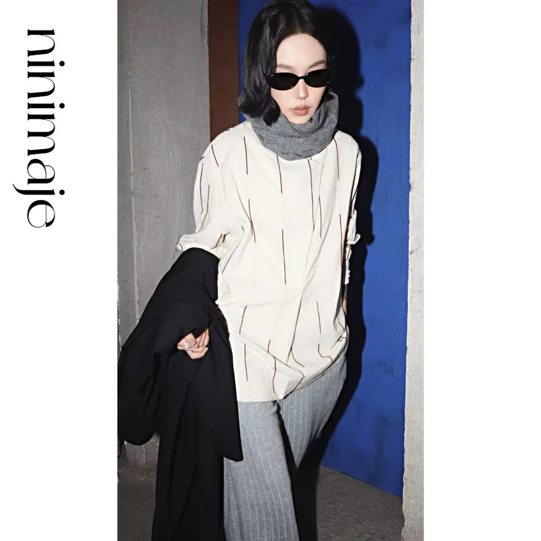 NanBeiBei 小众设计师款宽松百搭斜襟线条感衬衫 6637