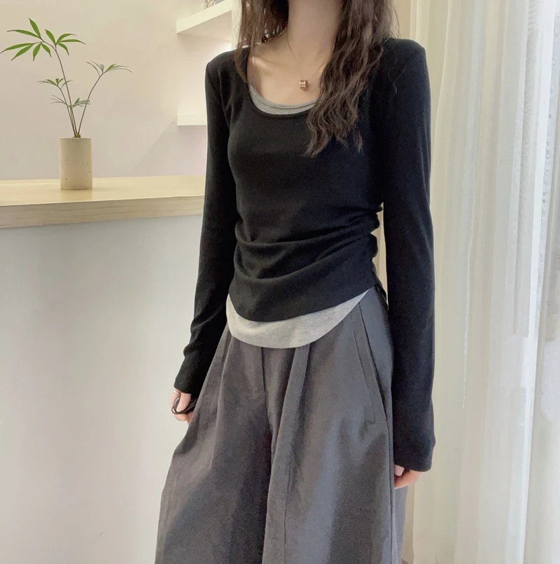 欧货春秋冬新款简约撞色长袖假两件T恤女内搭正肩显瘦上衣打底衫