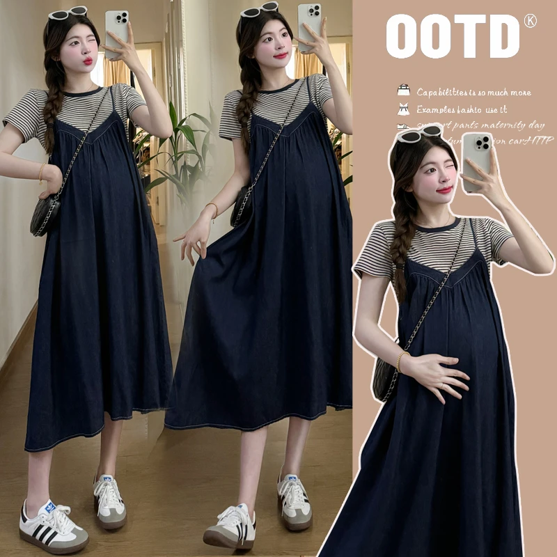 洋气减龄夏季孕妇装夏装新款时尚两件套装夏天宽松显瘦牛仔吊带裙