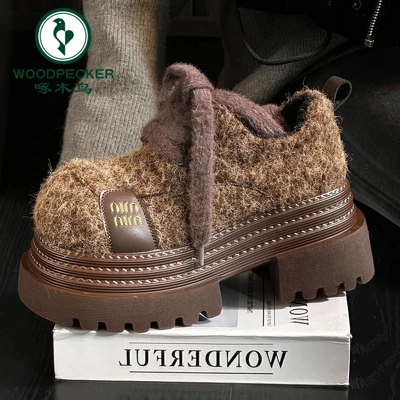 啄木鸟丝绒大头系带松糕厚底乐福鞋女百搭小个子增高休闲毛毛女鞋