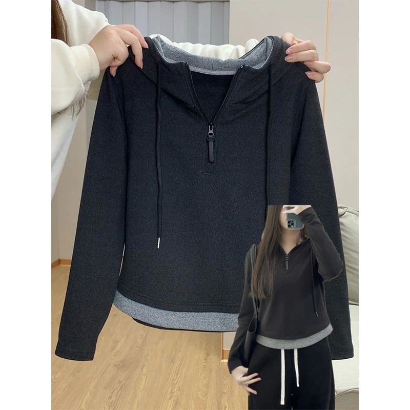 大码200斤慵懒风复古假两件半拉链加厚磨毛连帽卫衣女秋冬季上衣