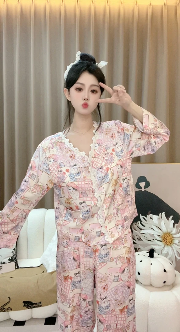 （甜甜猫）夏季气质高级显瘦印花睡衣女大透气带胸垫可外穿家居服套