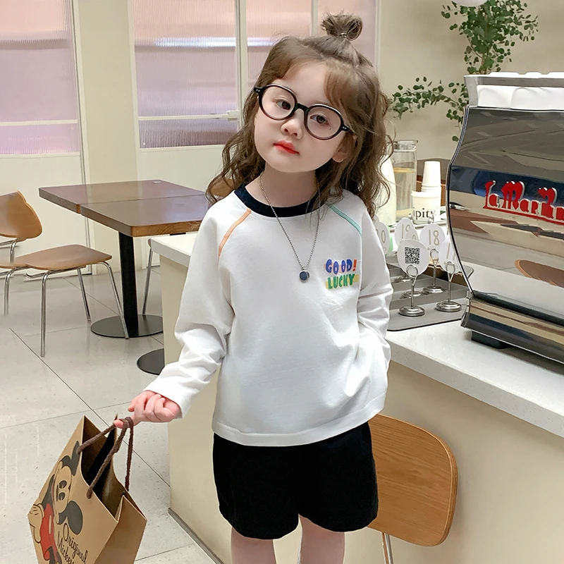 儿童春秋装白色打底衫女宝宝洋气T恤时髦女童长袖上衣宽松小女孩