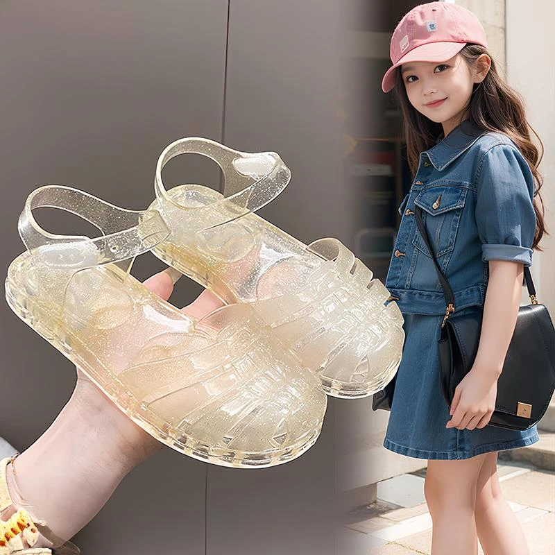 女童水晶塑料果冻凉鞋女款2025新款儿童可下水踩水可湿水防水洞洞
