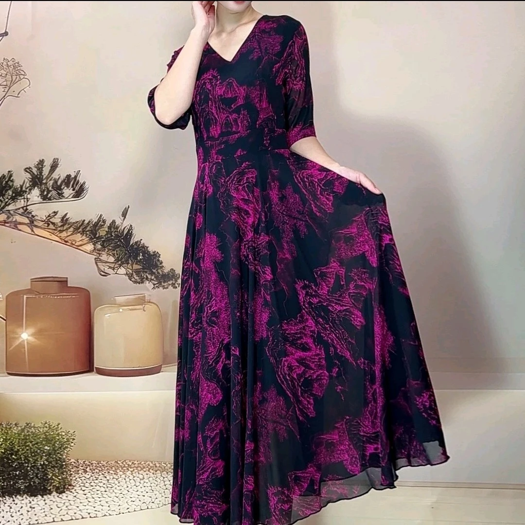 2025夏新款高档大摆裙修身显瘦连衣裙玫红色山水6143-25五分袖