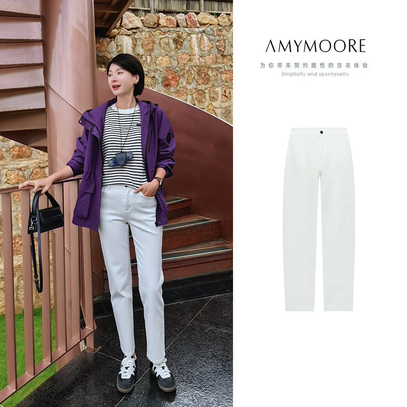 AMYMOORE艾莫尔秋季女白色牛仔裤子烟管裤显瘦简约百搭时尚192012