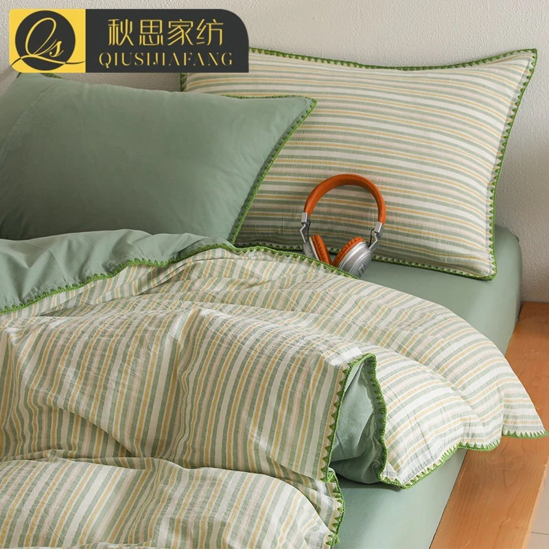 简约全棉水洗棉床上四件套家用纯棉条纹被套床单床笠款床品三件套