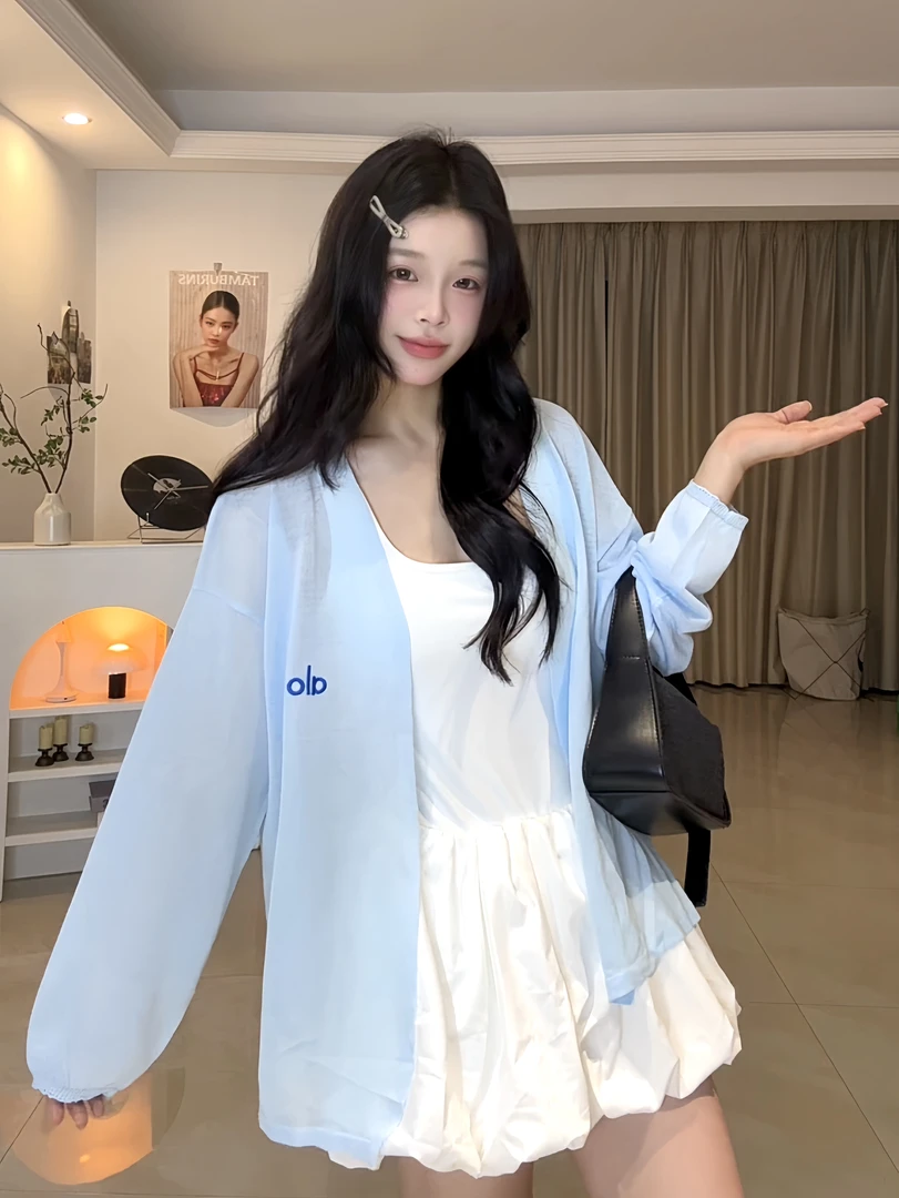 韩系V领夏季针织防晒空调衫女装宽松长袖T恤刺绣冰丝上衣薄外套