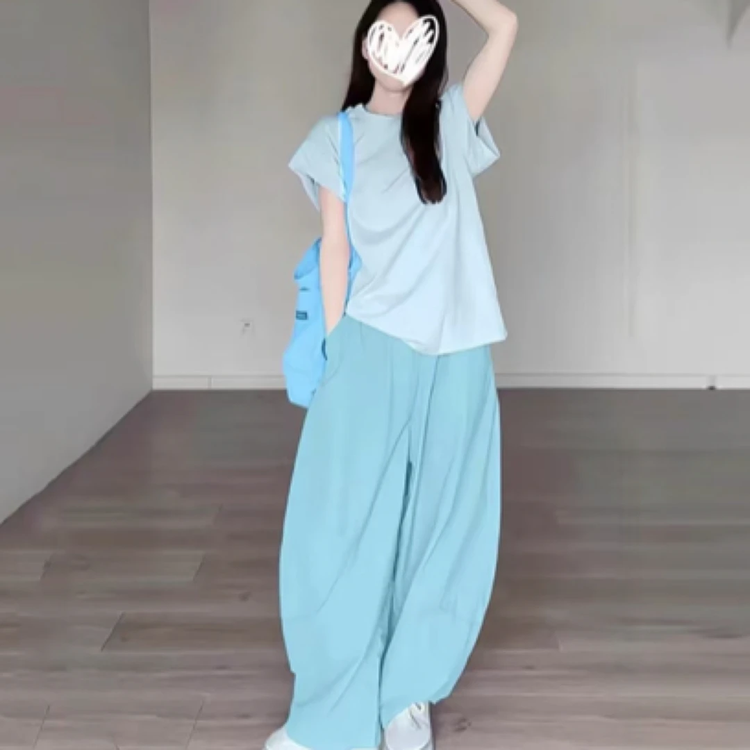 月蒙家-大码胖mm夏季新款圆领短袖T恤搭配小个子高腰休闲裤子显瘦