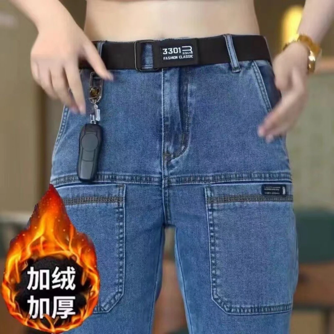 多口袋男长裤男款冬季加绒牛仔裤百搭秋冬季牛仔裤直筒保暖弹力