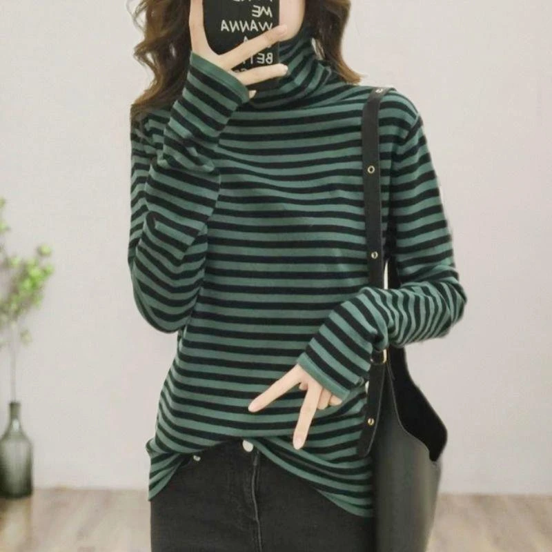 欧洲站2024秋冬季条纹百搭减龄高领打底衫女洋气显瘦长袖上衣