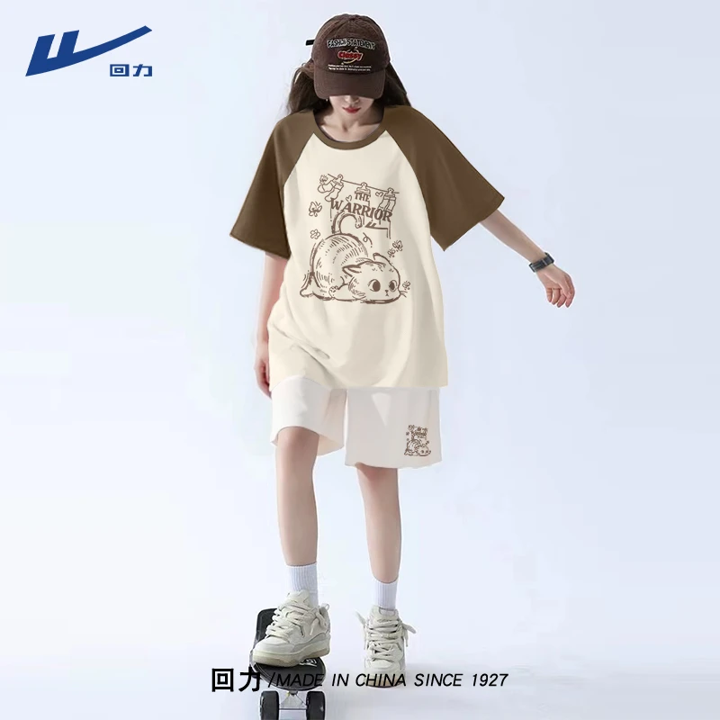 回力撞色运动套装女夏季新款2025超火夏装初中生休闲宽松一整套