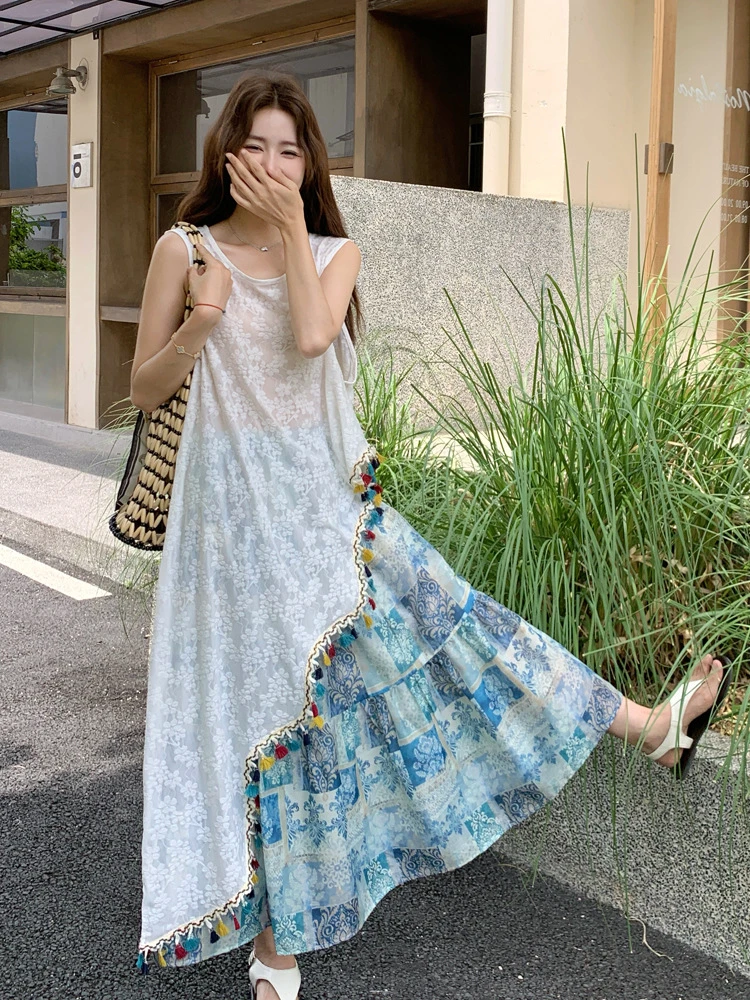 【独特漂亮不规则流苏罩衫印花半身裙两件套女2025夏新复古设计感