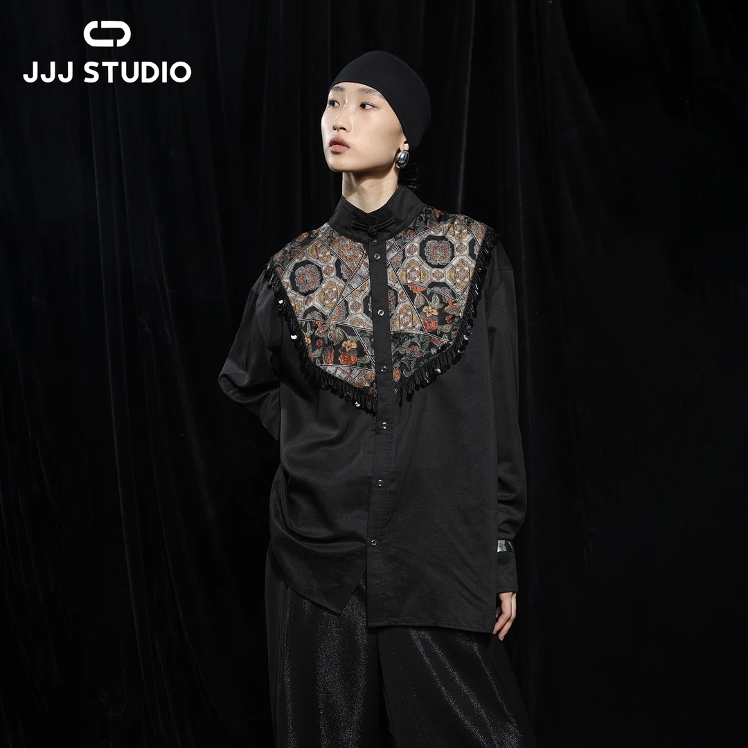 JJJ STUDIO花色宽松新中式衬衫女拼接流苏云肩立领优雅JDWWA2C327