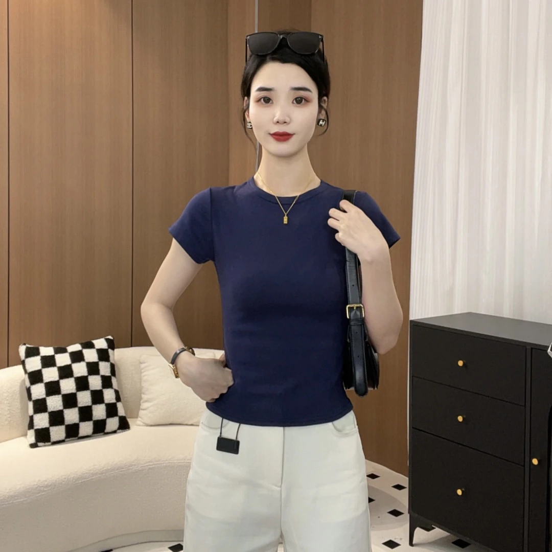 夏季新款圆领百搭修身显瘦纯色纯色短袖T恤女洋气
