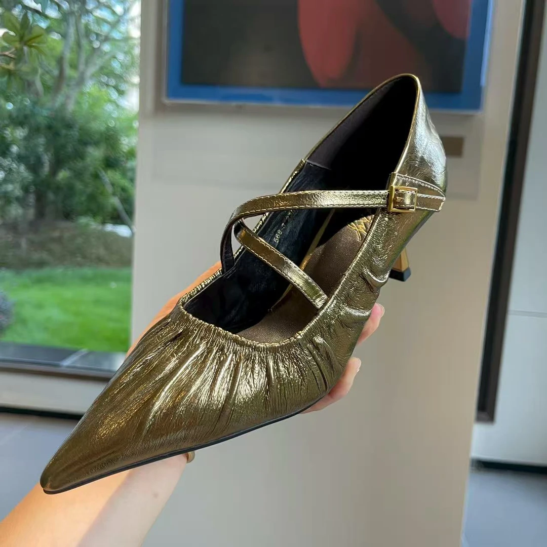 单鞋女鞋尖头交叉带设计细高跟鞋