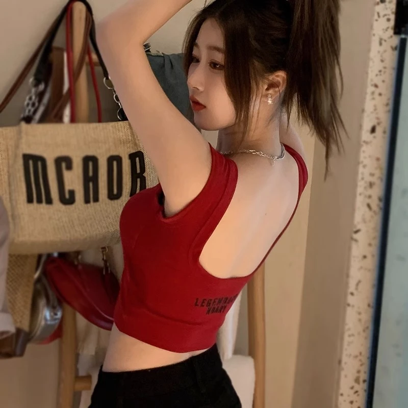 巨好看无袖红色美背吊带背心女夏外穿带胸垫文胸一体内搭打底上衣