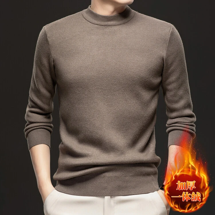 秋冬季高克重男士加绒加厚半高领羊毛衫商务休闲保暖纯色长袖毛衣