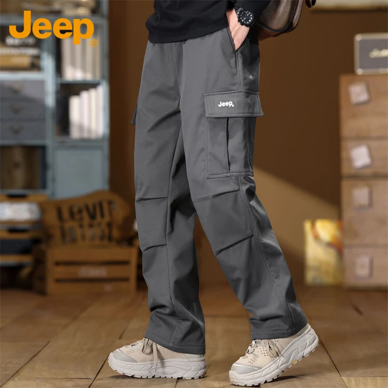 吉普加绒工装裤男士2025新款秋冬季直筒休闲裤宽松运动阔腿裤男款