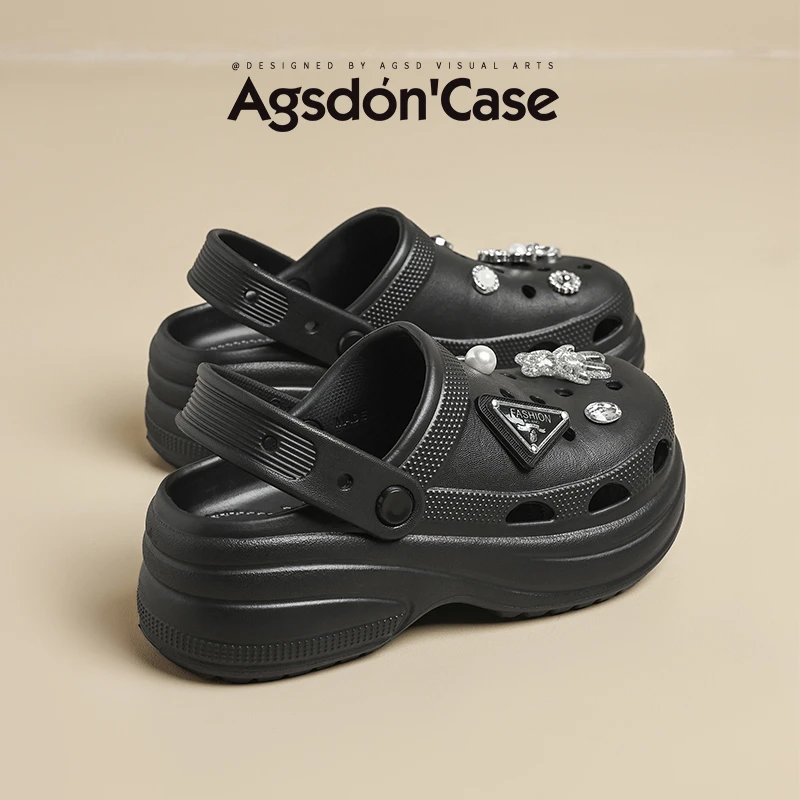 ~奥古狮登洞洞鞋女夏外穿2025新款EVA防臭防滑两穿黑色半拖凉鞋W