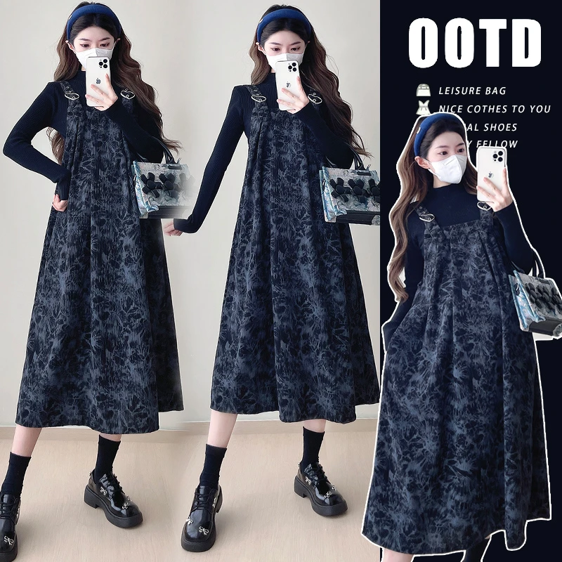 孕妈连衣裙套装春装时尚气质扎染背带上班裙中长款宽松减龄两件套