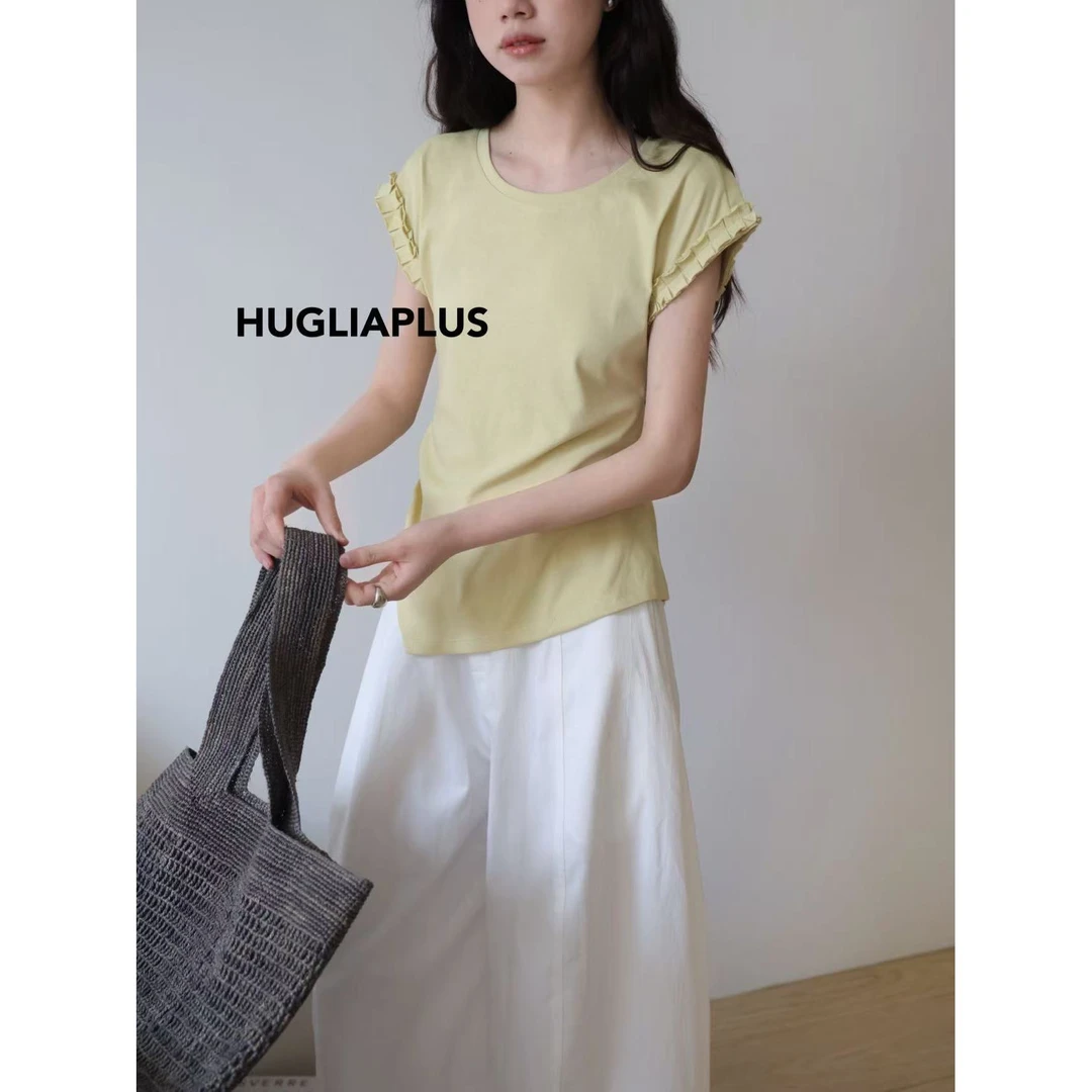 6338#灰姑娘#韩系百搭不规则花边手袖设计显瘦上衣（福利）