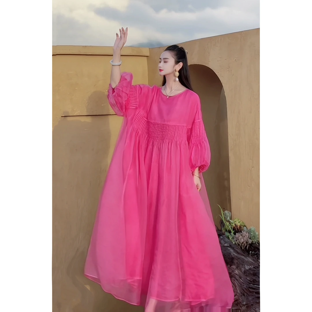 【梦织】YAMO2025春夏新款植物染减龄仙气感桑蚕丝连衣裙