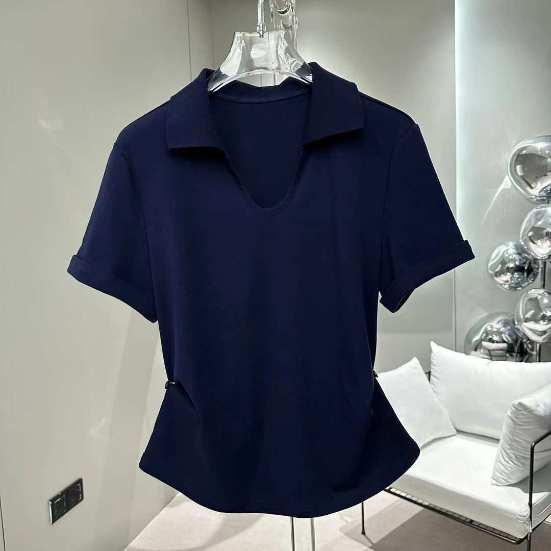 2025夏季新款U领POLO衫短袖百搭上衣时尚气质T恤女设计感小众上衣