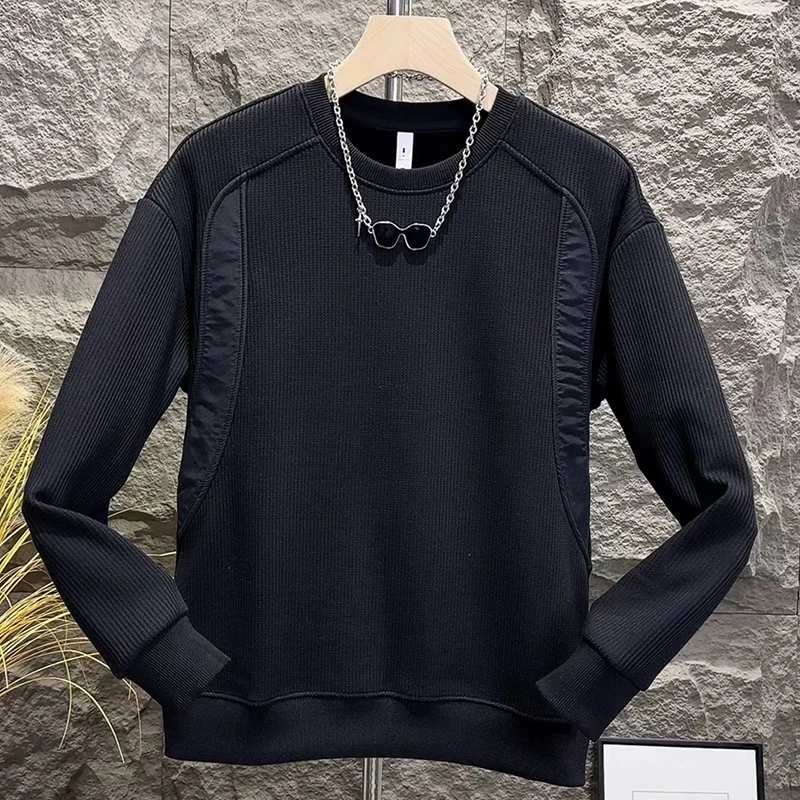 加绒加厚卫衣男士痞帅流行长袖体恤秋冬新款设计感拼接打底衫上衣