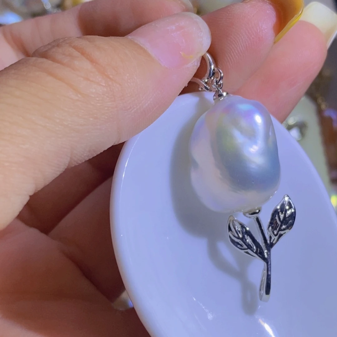 银S925镶嵌淡水珍珠天然珍珠无染色，无优化