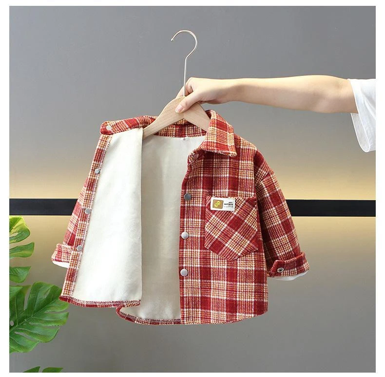 男童加绒衬衫格子外套秋冬季2025新款中小童装帅气宝宝加厚衬衣潮