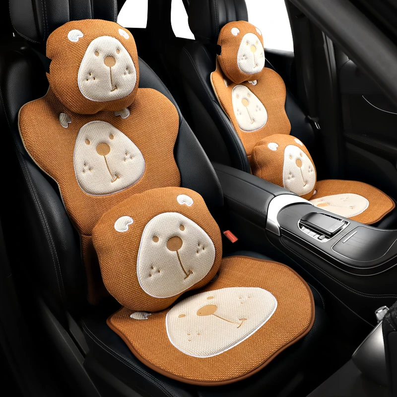 棉麻汽车座椅垫四季通用可爱卡通风格半包后排透气车座垫女士5座