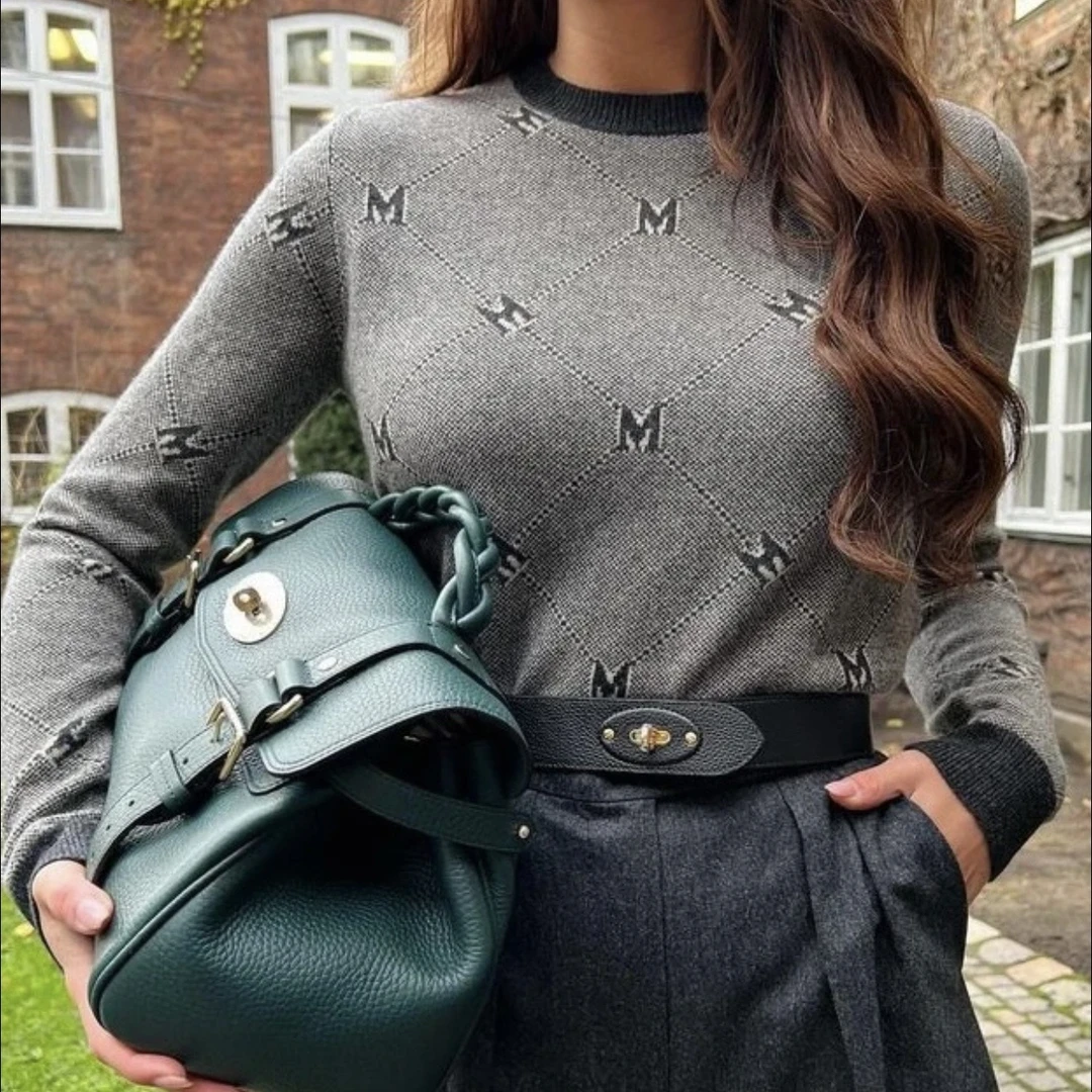 未使用 MaxMara 汤/TP030763/ logo印花圆领套头 毛衣 灰色