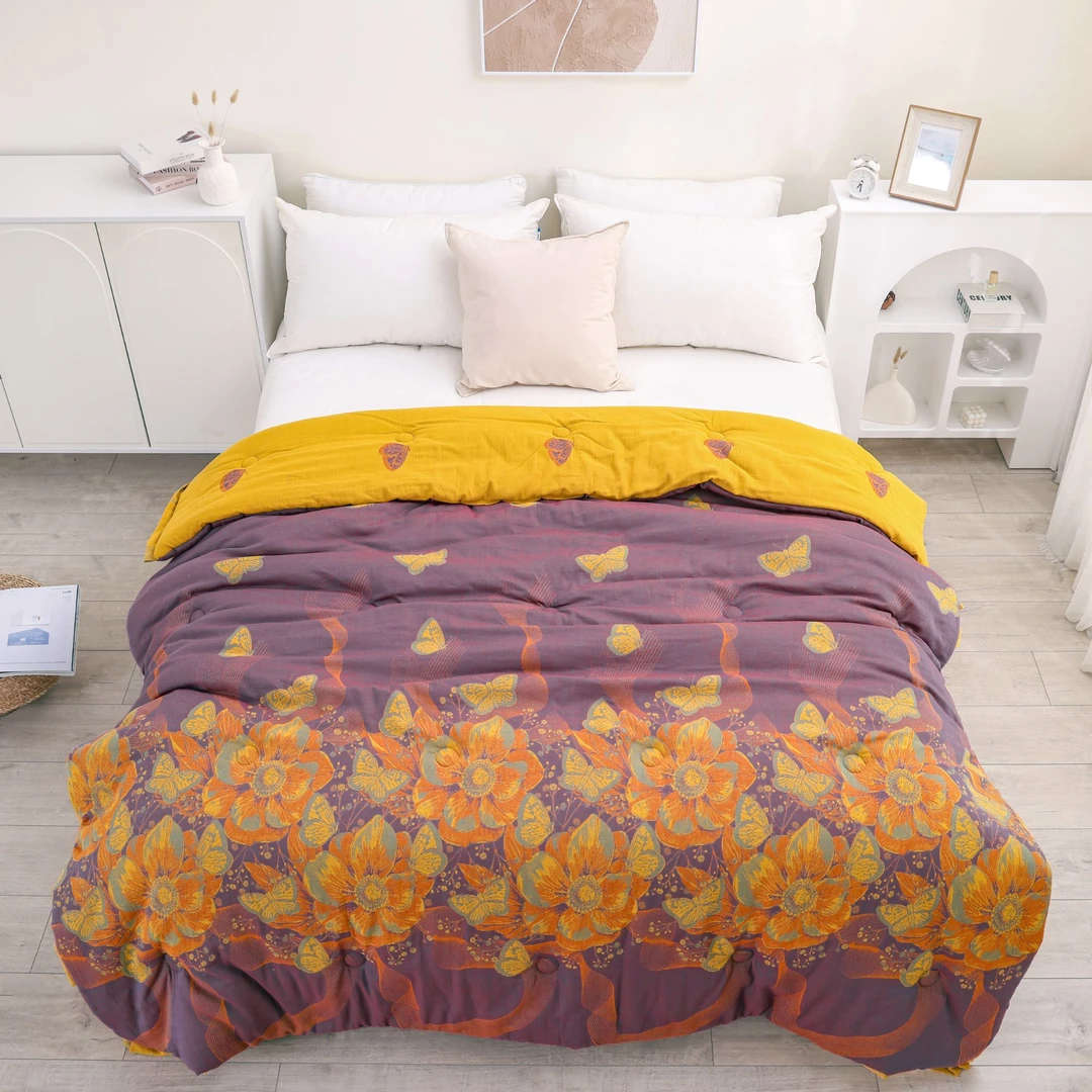 （花开蝴蝶）150cm*200cm 高端双层纱纯棉柔软保暖可机洗秋冬被