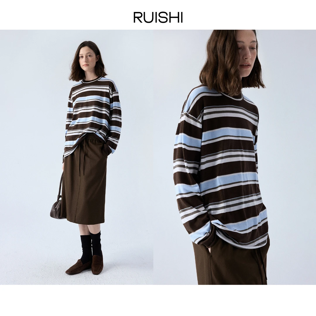 RUISHI芮时 “燕麦可可”慵懒松弛感条纹羊绒针织T恤女秋R25C103904