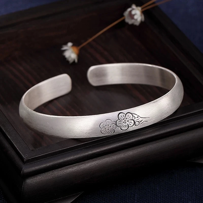 足银手镯 999.9纯银A59复古个性梅花实心手饰送女友老婆闺蜜