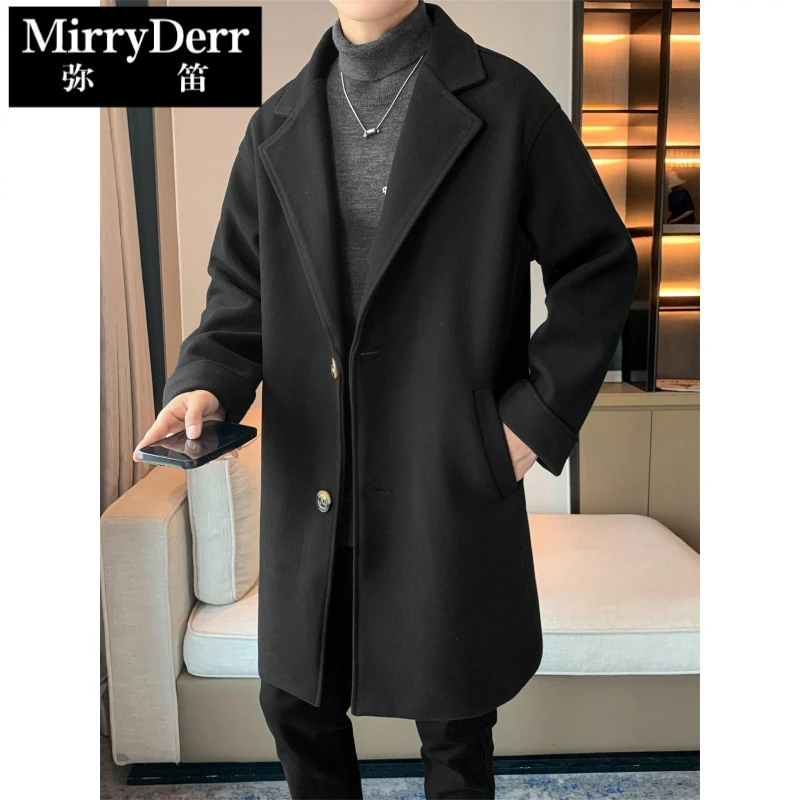 秋冬装黑色宽松阔版毛呢大衣男士潮流休闲中长款呢料风衣呢子外套