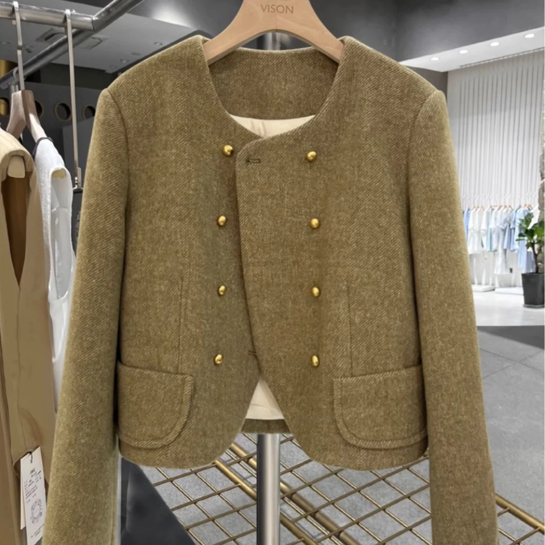 八维服饰冬季加绒外套女高级新款绿色法式小香风