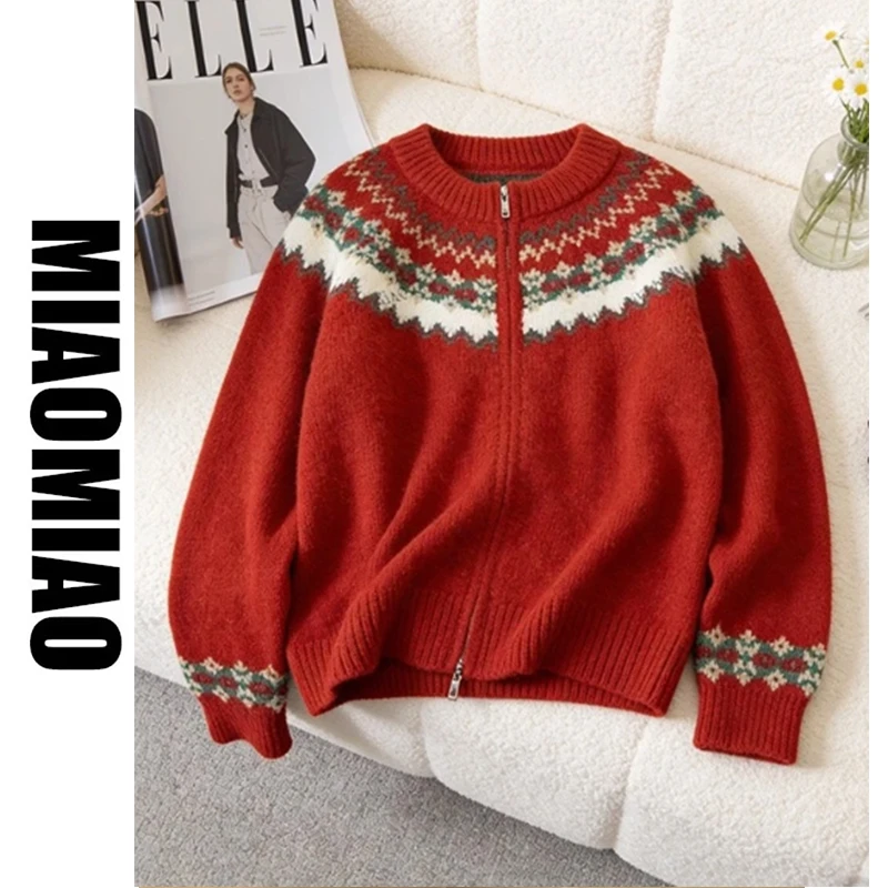 【大码】复古费尔岛提花圆领毛衣慵懒风宽松休闲百搭针织开衫A139