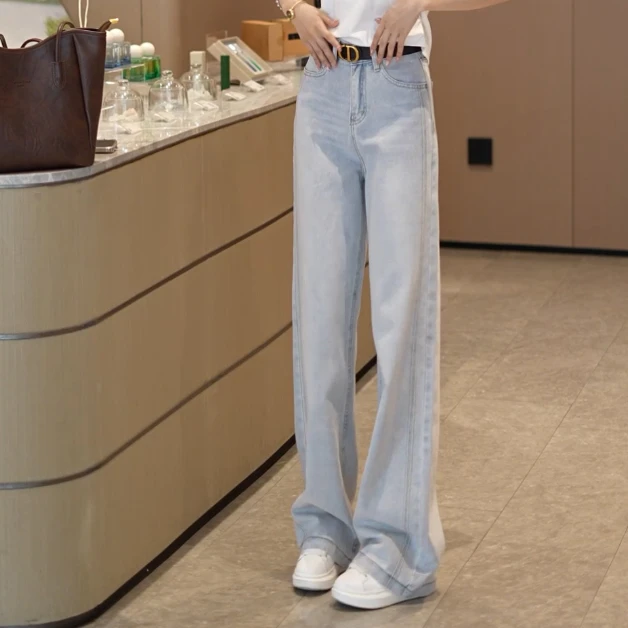 2026春款设计感浅色直筒裤女新款宽松显瘦垂感水洗牛仔裤Y5009