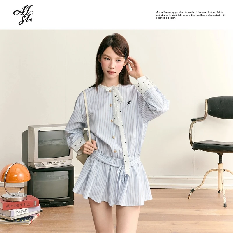 TMoster Timnothy原创拼接撞色条纹连衣裙女长袖收腰显瘦休闲裙子