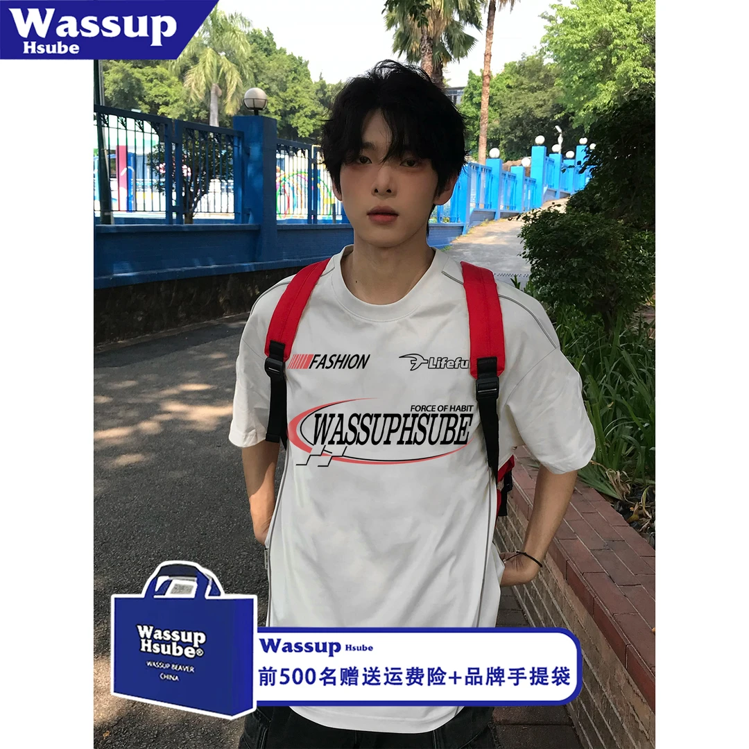 WASSUP HSUBE夏季拼接纯棉短袖T恤男女设计感印花字母宽松半袖衫