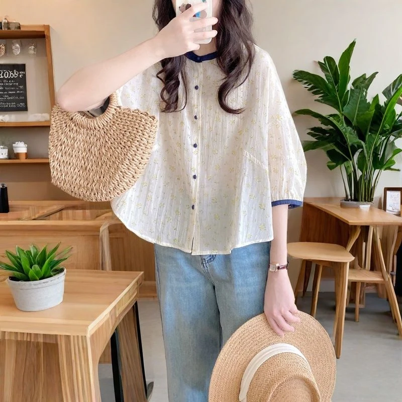 时尚拼接碎花衬衣女夏季2025新款简约休闲宽松衬衫娃娃衫圆领上衣