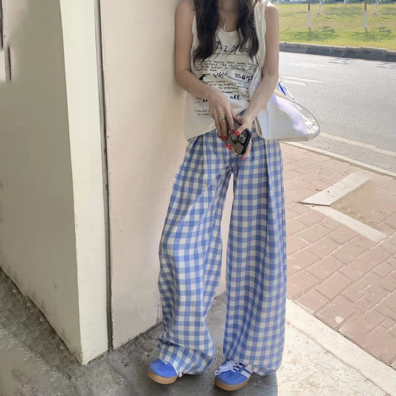 RJVO慵懒风格子休闲裤女春夏新款蓝色宽松百搭显瘦高腰阔腿长裤