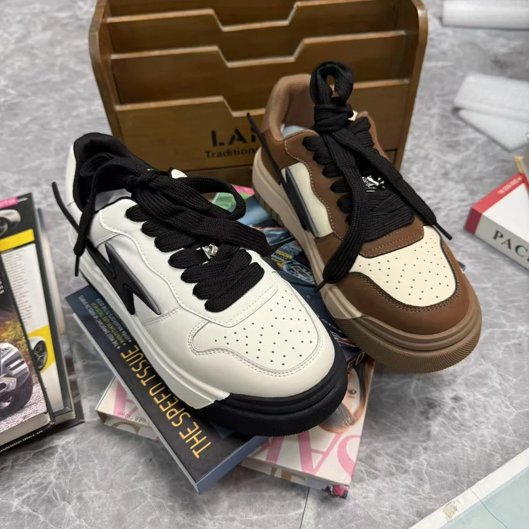 2025新款复古厚底休闲鞋女百搭闪电小白鞋真皮拼色熊猫鞋121e58