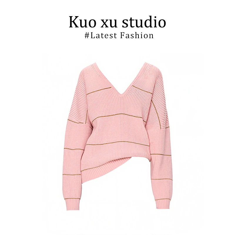 针织衫女韩系简约粉色V领条纹长袖2025新款早秋季宽松打底衫上衣